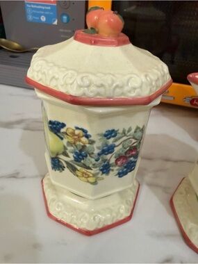 Avon Floral Ceramic Canister in Cream with Pink Trim and Multicolor Fruit Motif